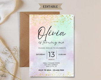 Gold Pastel Birthday Invitation, Colorful Watercolor Gold Glitter Sprinkles Ombre Rainbow Invitation, Printable Editable Invite, Gold Foil