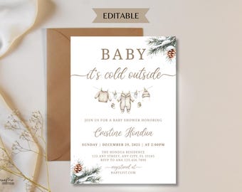 Könnte beinhalten: Eine Babyparty-Einladung mit dem Text "BABY it's cold outside". Die Einladung zeigt Aquarellillustrationen von Babykleidung, die auf einer Wäscheleine hängt. Die Einladung enthält den Namen Cristine Hondua, Datum, Uhrzeit und Adresse.