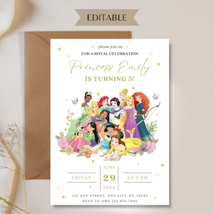 Op de afbeelding: Een witte uitnodiging met gouden accenten met een groep Disney-prinsessen. De tekst luidt "Sluit je aan bij ons voor een koninklijke viering Prinses Emily wordt 5!" met de datum en tijd van het evenement.