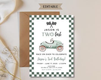 Two Fast Birthday Invitation, Race Car Second Birthday Invite, 2nd Birthday, Vintage Race Car, Green Racecar Party, Racing, Digital Template