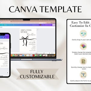 Puede incluir: Una plantilla de Canva que se muestra en una computadora port&aacute;til y un tel&eacute;fono inteligente, que muestra un dise&ntilde;o de invitaci&oacute;n en blanco y negro. La invitaci&oacute;n dice "She's Tying Up Her Twenties". Texto adicional destaca la personalizaci&oacute;n y facilidad de uso de la plantilla.