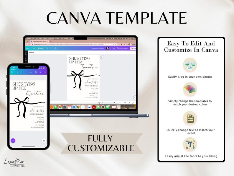 Puede incluir: Una plantilla de Canva que se muestra en una computadora port&aacute;til y un tel&eacute;fono inteligente, que muestra un dise&ntilde;o de invitaci&oacute;n en blanco y negro. La invitaci&oacute;n dice "She's Tying Up Her Twenties". Texto adicional destaca la personalizaci&oacute;n y facilidad de uso de la plantilla.