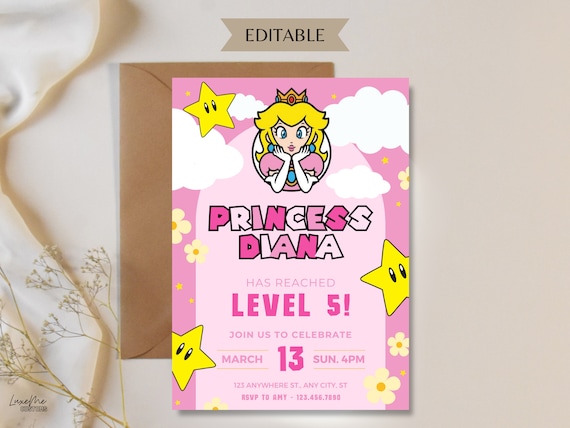 Princess Peach Invitation Super Mario Princess Birthday Invite Editable Download Peach Party Invitation, Digital KidsTheme Party Invitation