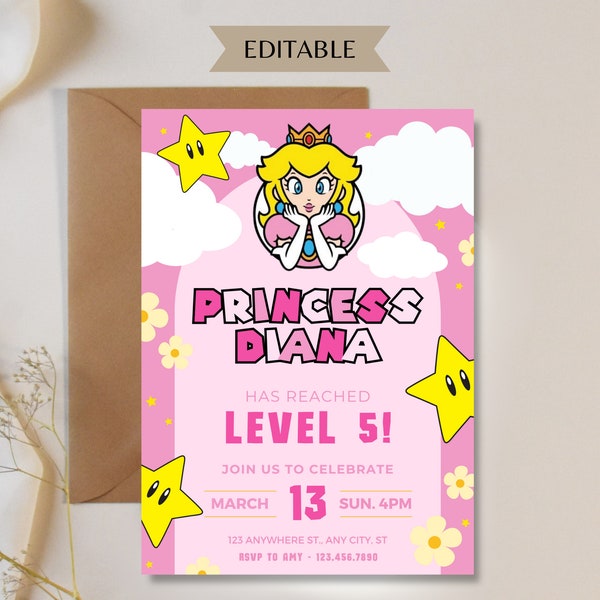 Invitation princesse Peach Invitation d'anniversaire princesse Super Mario en téléchargement modifiable Invitation fête pêche, Invitation fête numérique sur le thème des enfants