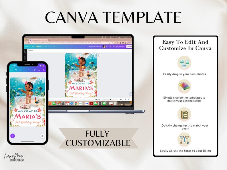 Pu&ograve; includere: Un modello Canva per un invito a una festa di compleanno con un personaggio dei cartoni animati del film Oceania. Il modello &egrave; personalizzabile e include il testo "Benvenuti alla festa di compleanno di Maria!"