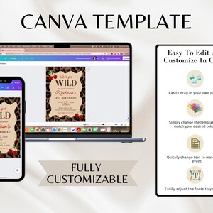 May include: A digital Canva template for a birthday invitation. The design features a leopard print background with the text "Let's get WILD" and "Madison's 21st Birthday!" displayed on a laptop, phone, and a side panel with editing instructions.