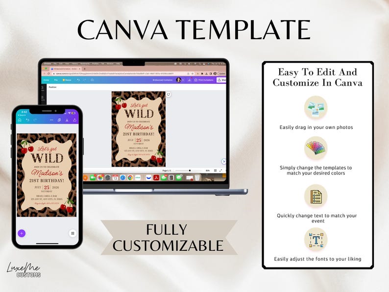 May include: A digital Canva template for a birthday invitation. The design features a leopard print background with the text "Let's get WILD" and "Madison's 21st Birthday!" displayed on a laptop, phone, and a side panel with editing instructions.