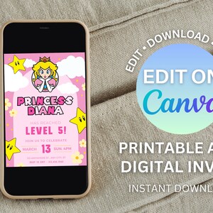 Pu&ograve; includere: Un invito digitale stampabile per una festa di compleanno, con uno schema di colori rosa e giallo. L'invito presenta un personaggio di principessa dei cartoni animati con una corona e una stella. Il testo sull'invito recita "La principessa Diana ha raggiunto il livello 5! Unisciti a noi per festeggiare il 13 marzo, domenica alle 16:00".