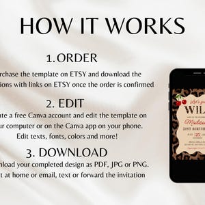 May include: A smartphone displays a birthday invitation with a leopard print background and the text "Let's get WILD". The image also includes instructions on how to order, edit, and download the template.