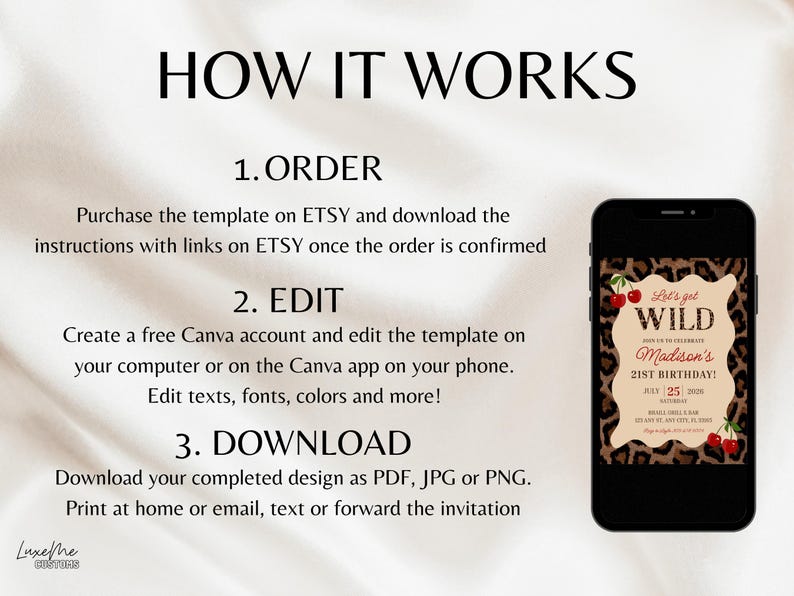 May include: A smartphone displays a birthday invitation with a leopard print background and the text "Let's get WILD". The image also includes instructions on how to order, edit, and download the template.