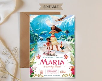 Invito di compleanno Moana Simea, invito di compleanno Moana hawaiano modificabile digitale, invito per festa a tema per bambini, modello digitale Moana Simea
