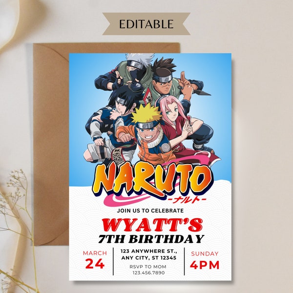 Naru to Manga Anime Invitation, invitation d'anniversaire numérique modifiable Anime Manga, Invitation à une soirée à thème, Naru numérique au modèle, Anime AnyAge