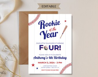 May include: Baseball-themed birthday invitation with a blue and white color scheme. The invitation says "Rookie of the Year" and "Our little slugger is turning Four!" with a baseball graphic. The invitation also includes the date and time of the party, the location, and RSVP information.