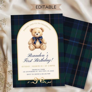 May include: An invitation card with a teddy bear illustration and the text "Brandon's First Birthday!" on a cream background. The card has a navy blue and green plaid pattern. The text "Please join us to celebrate" is at the top.