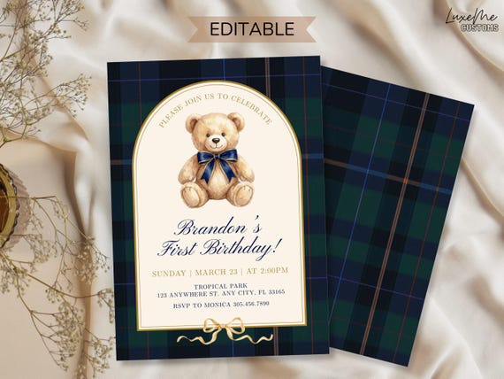 Polo First Birthday Invitation, Modern Preppy Invite, Ralph Inspired 1st Birthday Invite, Navy Blue Green Plaid, Editable Canva Template