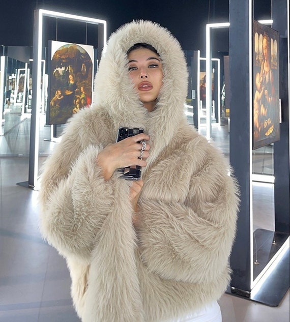 Winter Faux Fur Hoodie Coat Women Casual Hooded Thick Bat -  Israel