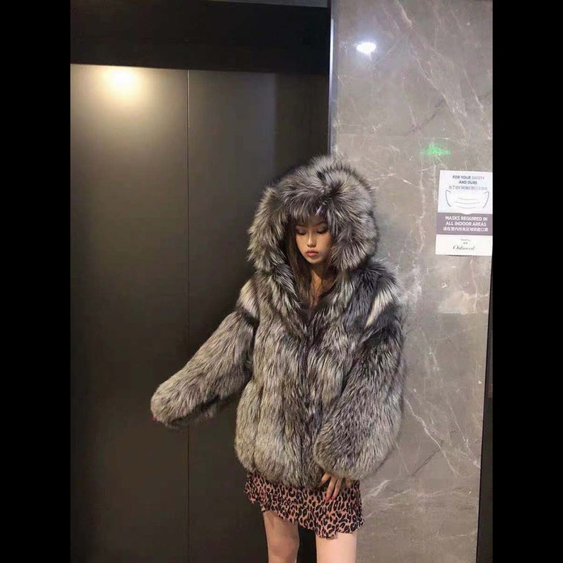 Luxury Faux Silver Fox Fur Leather Coat Women Hooded Front - Etsy