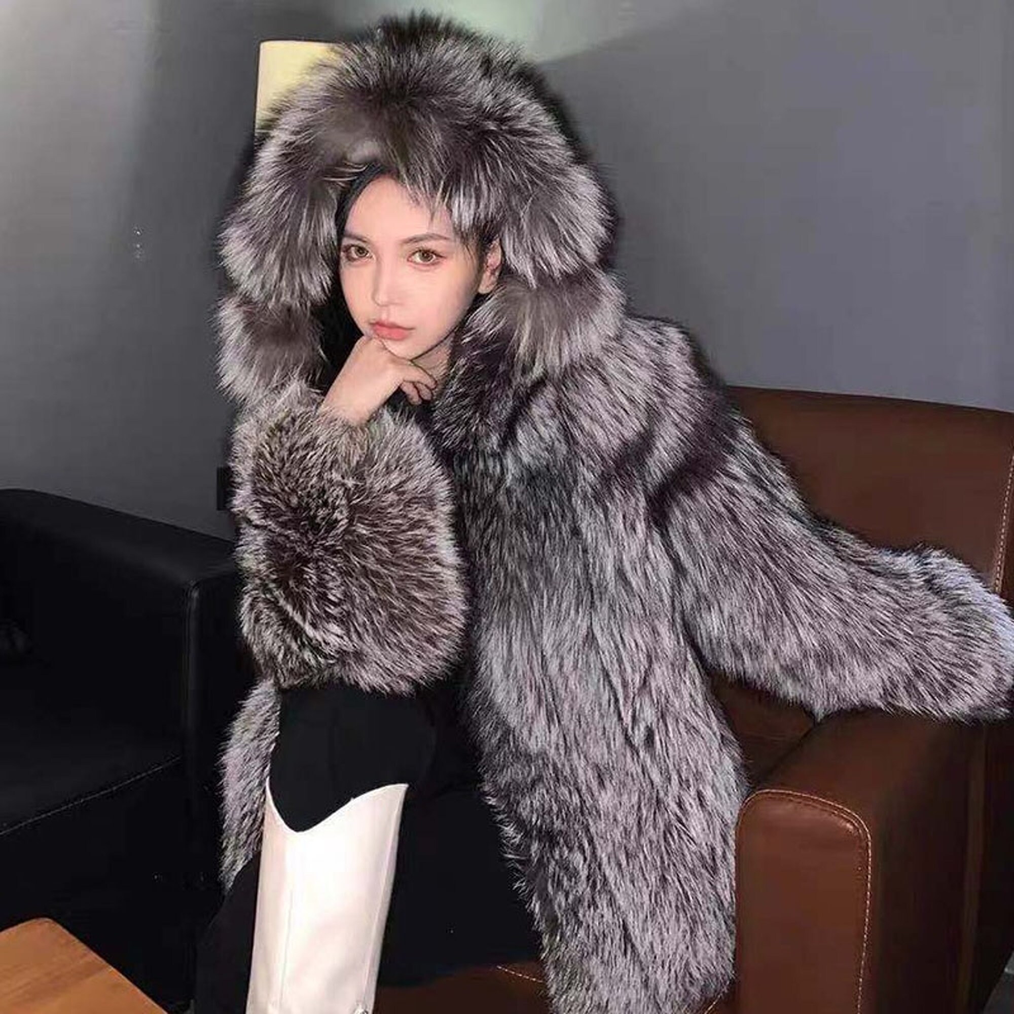 Luxury Faux Silver Fox Fur Leather Coat Women Hooded Front - Etsy