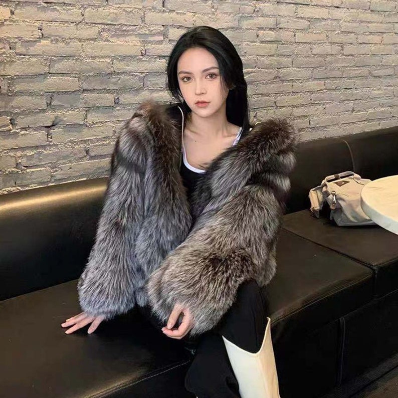 Luxury Faux Silver Fox Fur Leather Coat Women Hooded Front - Etsy