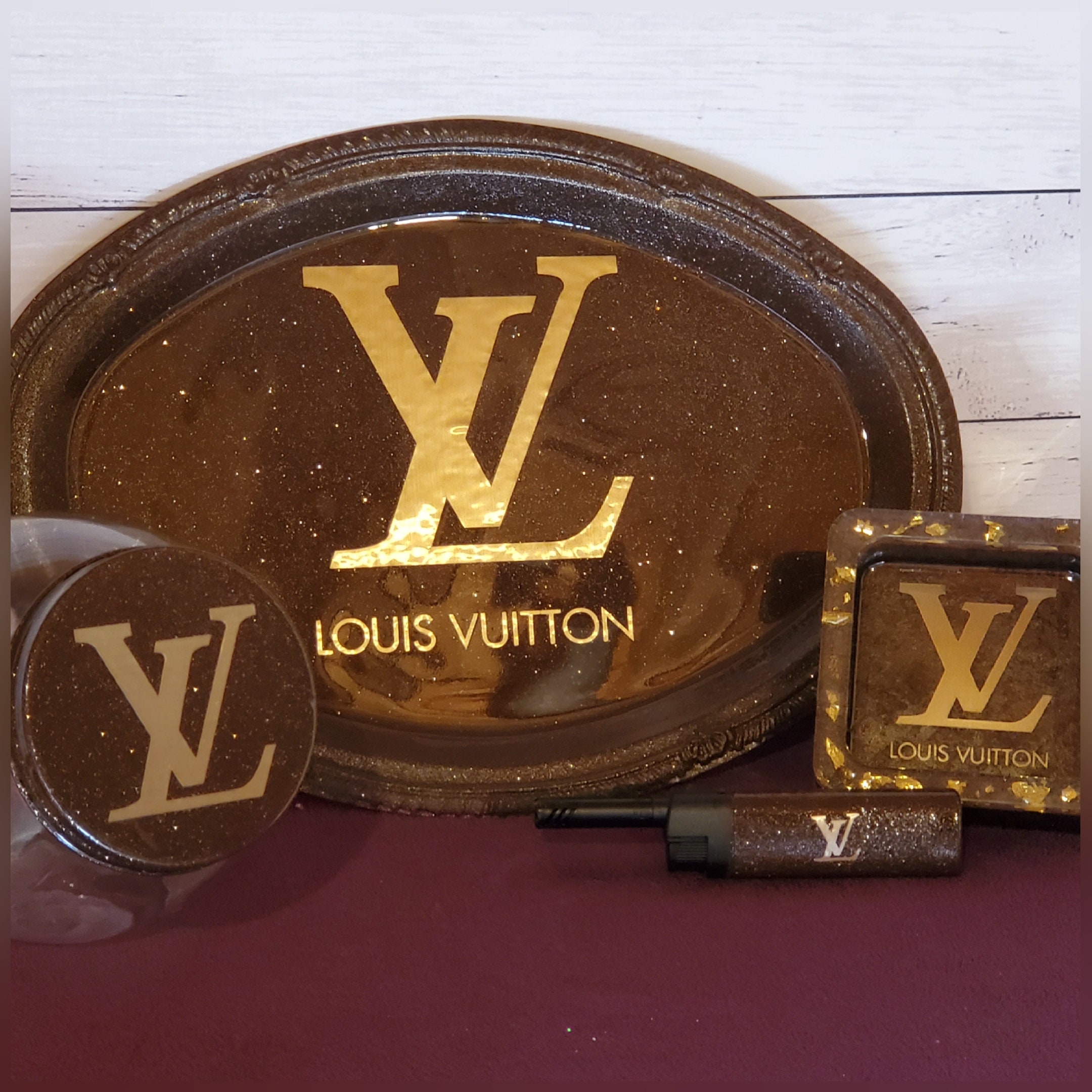 Brown and Gold 4 Piece LV Rolling Tray Set Louis Vuitton 