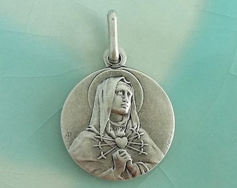 Beautiful vintage religious medal of the Virgin of Sorrows in matte metal
