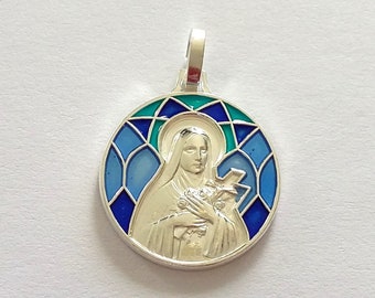 Beautiful vintage Saint THERESE religious medal in metal and enamel