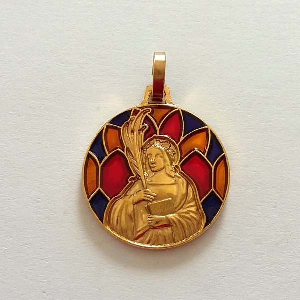 Beautiful vintage Saint Cecilia religious medal in metal and enamel