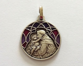 Beautiful vintage Saint ANTOINE religious medal in metal and enamel