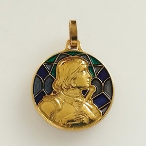 Beautiful religious medal JOAN OF ARC sword Vintage in metal and enamel