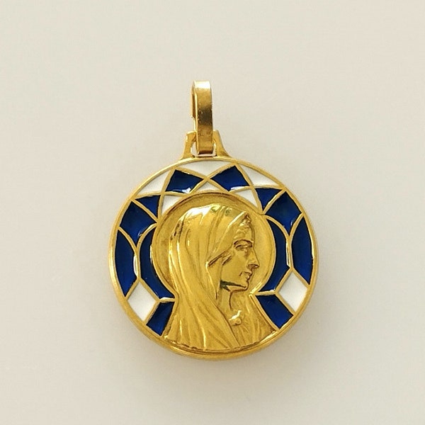 Belle médaille religieuse VIERGE Vintage en métal et émail