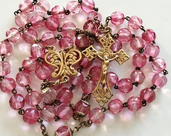 Old rosary in chiseled gilded SILVER 59 pink glass beads