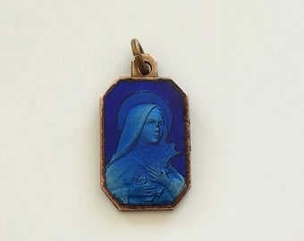 Old small Saint Thérèse medal in metal and blue enamel