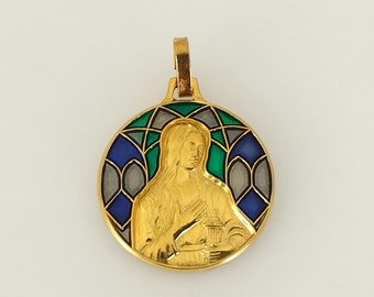 Beautiful vintage Mary Magdalene religious medal in metal and enamel