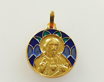 Beautiful vintage religious Christ heart medal in metal and enamel