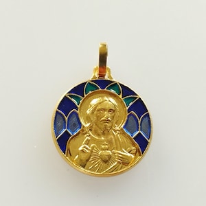 Beautiful Vintage religious Christ heart medal in metal and enamel