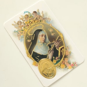 Gebetskarte der Heiligen Rita mit den goldenen Reliefs der Kreuzengel