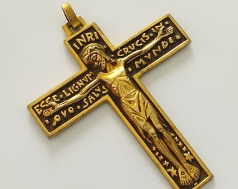 Old large Christ Cross by Fernand PY in gilded metal