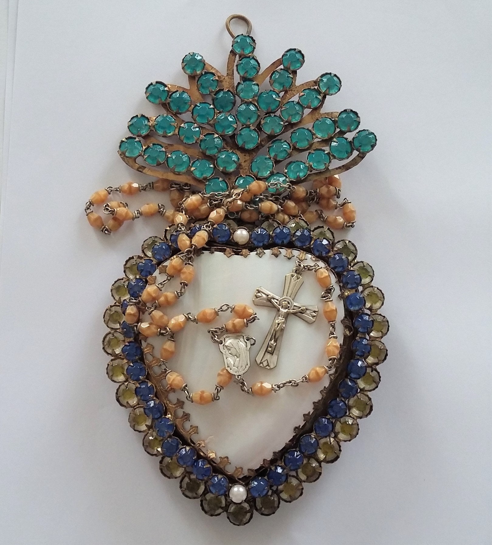 Boîte Ex Voto Nacre Strass Reliquaire Boîte à Trésors Chapelet Ancien