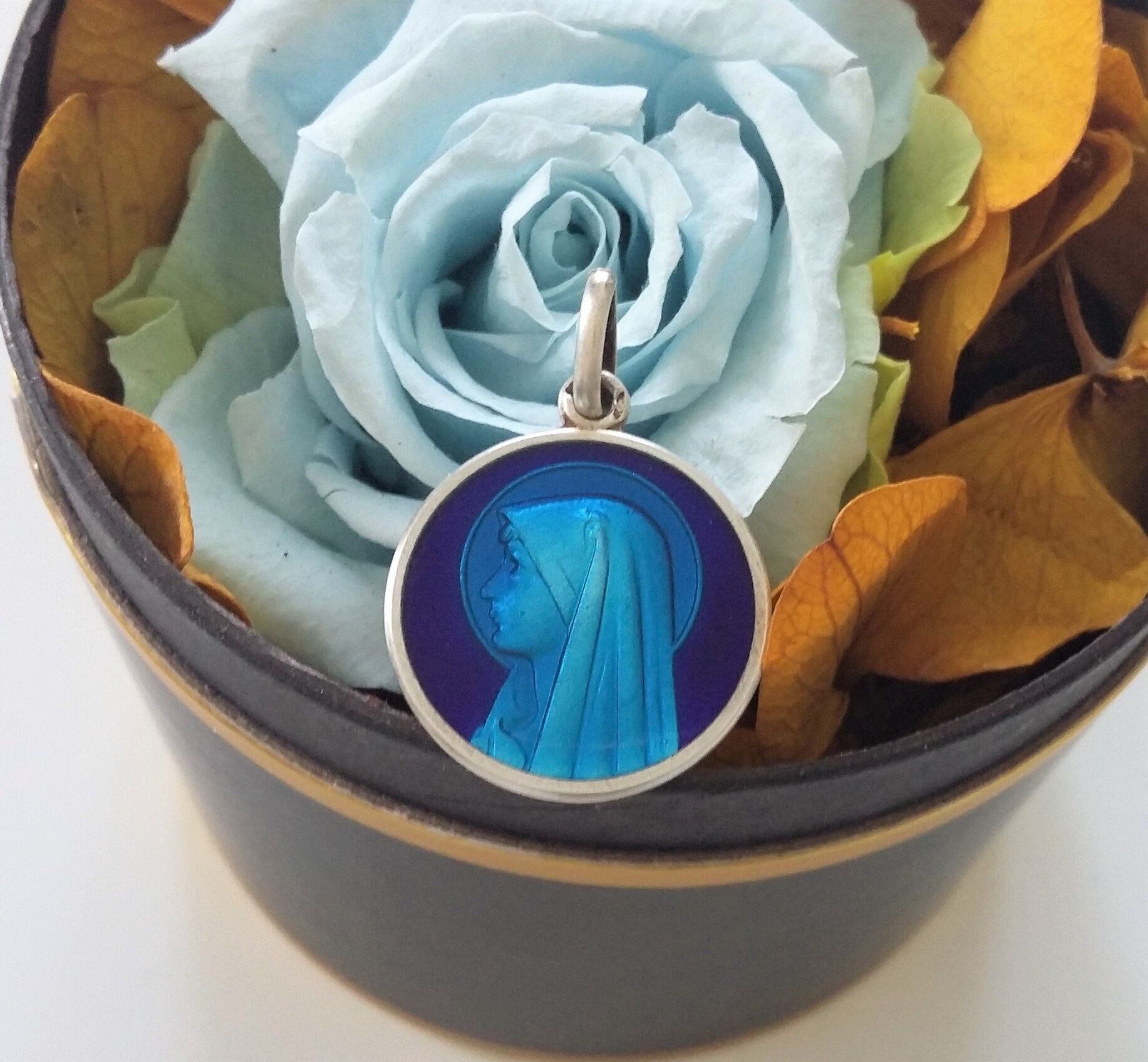 Ancienne Jolie Médaille Vierge de Lourdes en Argent et Émail