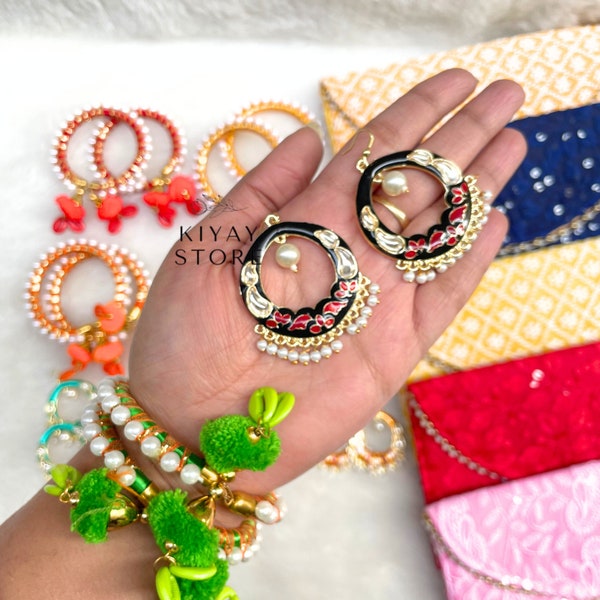 Bulk Designer Chikankari Pouches with Thread Bangles And Kunda Chand bali Jhumka Earrings 100 PCs Wedding Favors Women's Clutch,Sangeet Gift