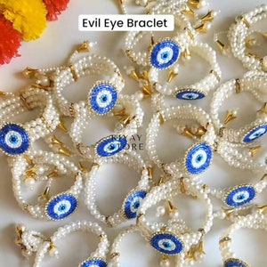 Elegant Beaded Evil Eye Bracelet For Bridal Haldi and Mehndi Accessory, Dholki Gana Gift Wedding Return Gifts Indian Handcrafted Bracelet image 1