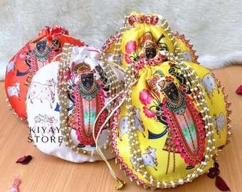 Indian Potlis/Wristlet/Clutch Purse With Pearl Handle With Cute Traditional Indian Srinath Ji God Potlis For Wedding Favor Bulk Return Gift.