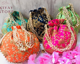 Bulk Embroidered Potli Pouches, Beautiful Handmade Potlis With Pearl Strings, Indian Wedding Favors, Wholesale Price Traditional Potlis
