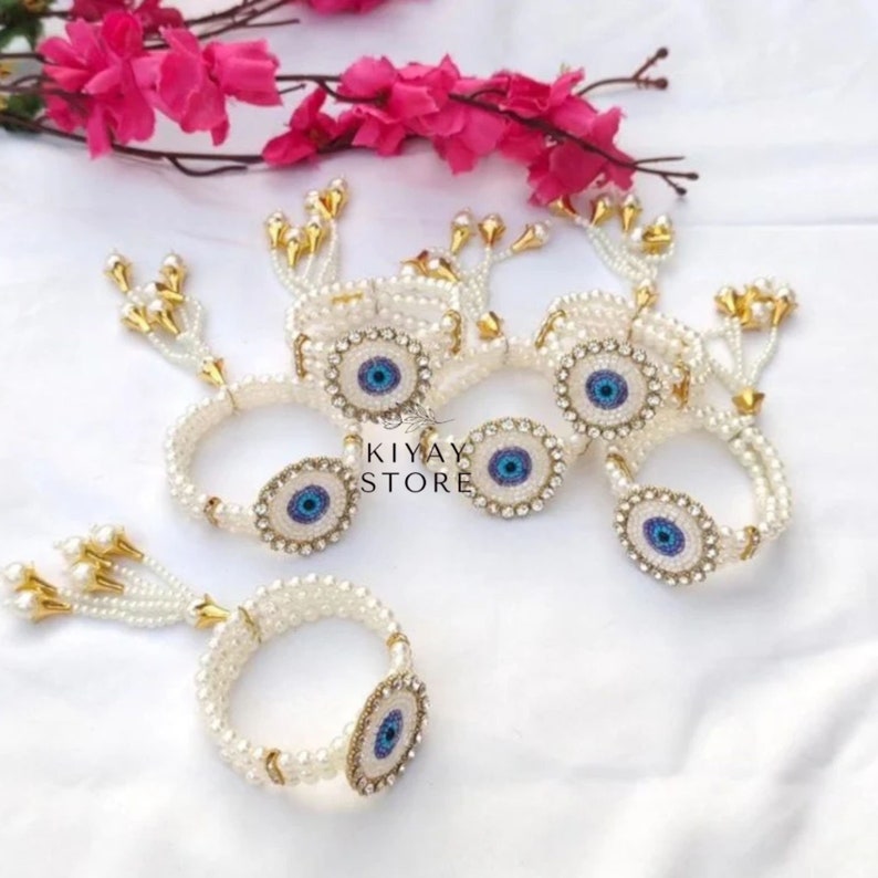 Elegant Beaded Evil Eye Bracelet For Bridal Haldi and Mehndi Accessory, Dholki Gana Gift Wedding Return Gifts Indian Handcrafted Bracelet image 2