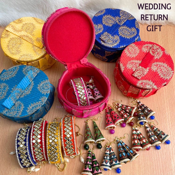 Elegant Silk Brocket Boxes Set with Kundan Bangles & Jhumka Earrings 100 PCs Wedding Return Gifts Haldi Mehndi Favor Bridal Bridesmaids Gift