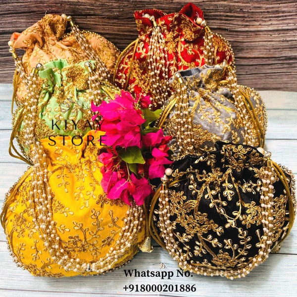 Wholesale Potli Bag, Jewelry Coin Pouch, Lot of 100 Embroidered Potli Bags, Clutch Purse, Bridal Wristlets, Wedding Return Gift For Guests