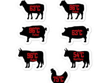 BBQ Meat Temperaturführer Sticker Pack: Rind, Schwein, Huhn, Lamm