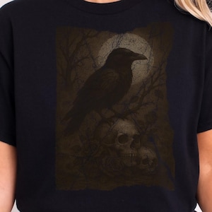 Gothic Raven Skull T-Shirt, Dark Academia Moon Shirt, Occult Crow Top, Witchy Tarot Tee, Vintage Gothic Art, Distressed Skull Rose Shirt,