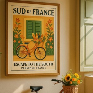 Sud de France Poster, Provence Bicycle Wall Art, French Country Print, Escape to the South Digital Download, Summer Travel Decor