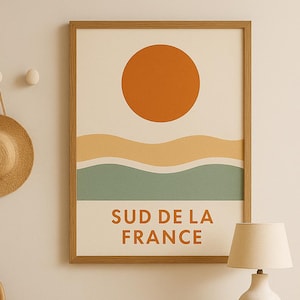 Póster del sur de Francia, arte mural abstracto de la costa francesa, impresión digital minimalista de atardecer, descarga de decoración de playa moderna, estilo Riviera Francesa